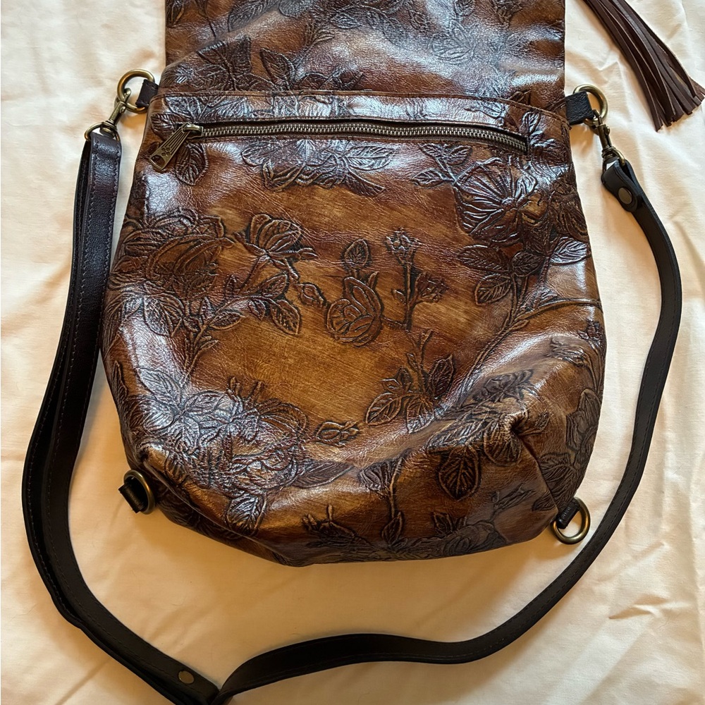Patricia Nash Brown Embossed Floral Leather Convertible Backpack - Picture 7 of 14